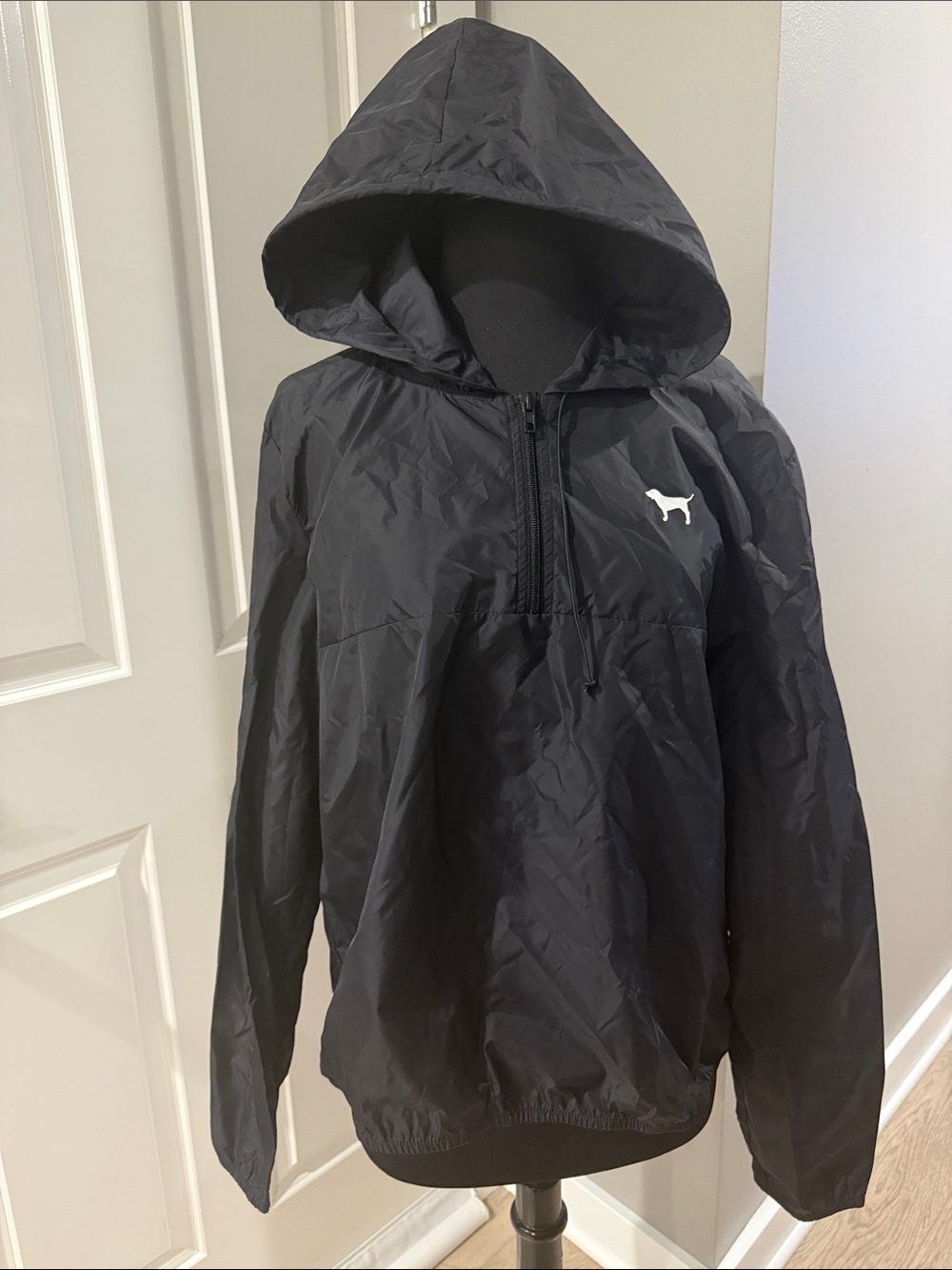 PINK Victoria's Secret Black Hooded Windbreaker with White Dog Logo